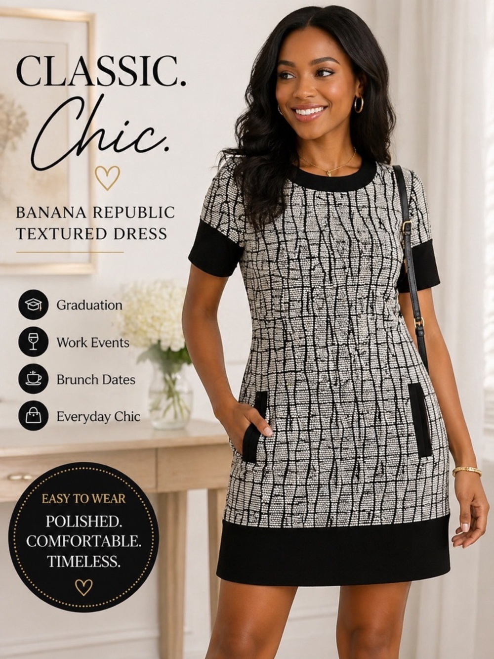 Banana Republic Black/White  Dress –Work Office Chic, Interview Dress Size 4